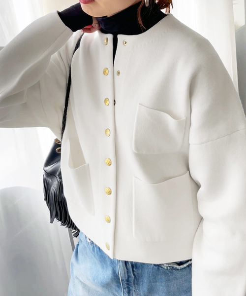 Spick & Span（スピックアンドスパン）の「接結ニットジャケット（カーディガン/ボレロ・レディース・ネイビー/ホワイト・FREE）」の13枚目の写真