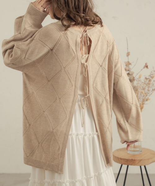 Ambre Neige（アンブルネージュ）の「【前後２WAY】透かし編みリボンニット／WEB/EC限定商品（カーディガン/ボレロ・レディース・ライトグリーン/アイボリー/ライトベージュ・FREE）」の3枚目の写真