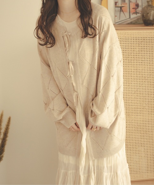 Ambre Neige（アンブルネージュ）の「【前後２WAY】透かし編みリボンニット／WEB/EC限定商品（カーディガン/ボレロ・レディース・ライトグリーン/アイボリー/ライトベージュ・FREE）」の2枚目の写真