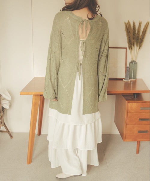 Ambre Neige（アンブルネージュ）の「【前後２WAY】透かし編みリボンニット／WEB/EC限定商品（カーディガン/ボレロ・レディース・ライトグリーン/アイボリー/ライトベージュ・FREE）」の9枚目の写真