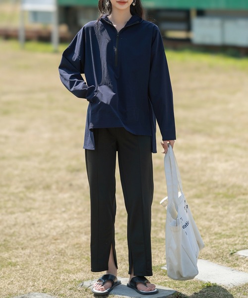 【UVカット率 99%以上】レディース水着 長袖フード付きハーフジップラッシュガード+スリットレギンス 上下2点セット（ラッシュガード）｜TeddyShop（テディショップ）