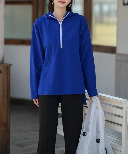 TeddyShop（テディショップ）の「【UVカット率 99%以上/UPF50+/軽量】レディース水着 長袖フード付きハーフジップラッシュガード パーカー+スリットレギンス 上下2点セット（パーカー・レディース・ブルー/ピンク/ホワイト/ネイビー・M/L）」の16枚目の写真