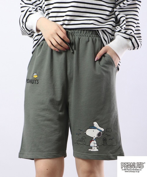 PEANUTS（ピーナッツ）の「PEANUTS スヌーピー ミニ裏毛 ハーフパンツ（スウェットパンツ・レディース・ブラック/アイボリー/カーキ/ブラウン・M/L/LL）」の4枚目の写真