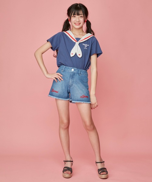 JENNI love（ジェニィラブ）の「チェーンロゴ刺繍デニムショーパン（デニムパンツ・キッズ・ブルー/サックスブルー・130cm/140cm/150cm/160cm）」の3枚目の写真