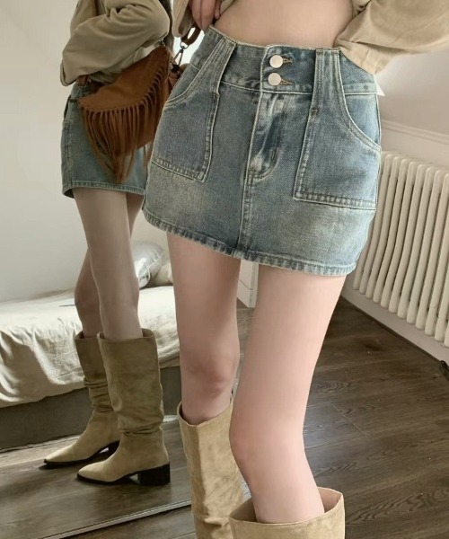 セール】ダブルボタンデニムミニスカート（デニムスカート）｜gossip