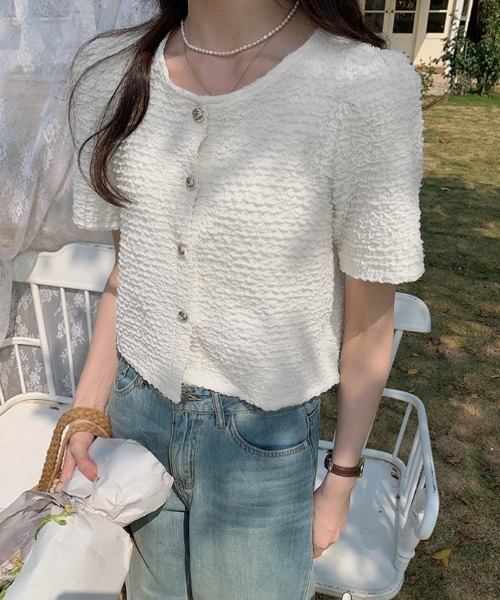 セール】【秋SALE】ポコポコ半袖ジャケット風ブラウス トップス