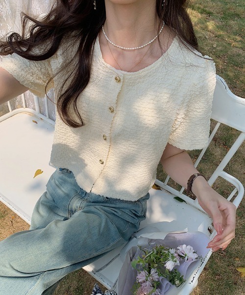 セール】【秋SALE】ポコポコ半袖ジャケット風ブラウス トップス