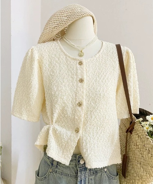 セール】【秋SALE】ポコポコ半袖ジャケット風ブラウス トップス