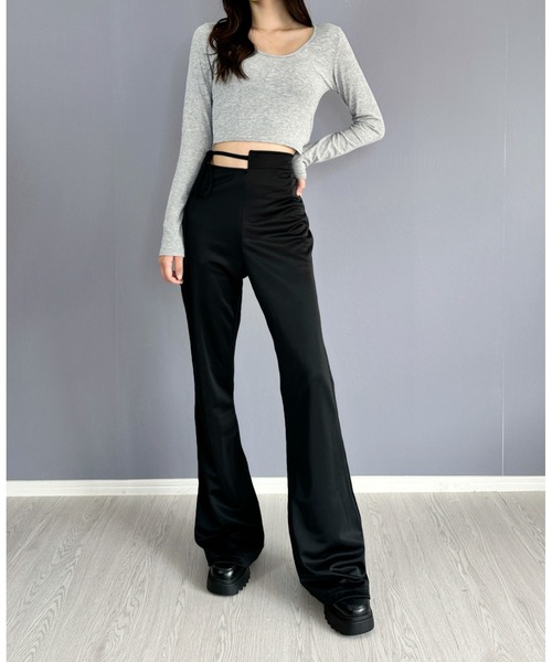 美シルエットでストレス無し♪】ウエストリボンデザインフレアパンツ