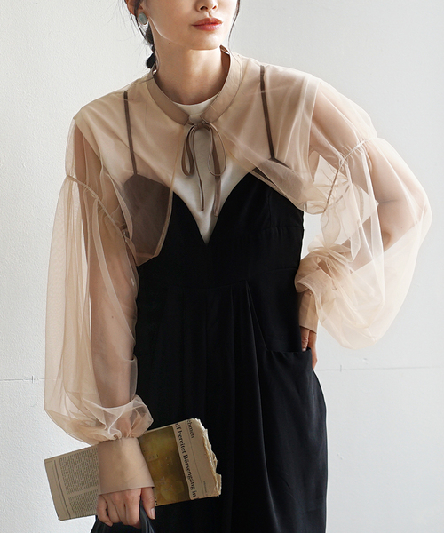 e-zakkamania stores（イーザッカマニアストアーズ）の「シアー パフスリーブボレロ（シャツ/ブラウス・レディース・ベージュ/ブラック/ダークグリーン/グレー/テラコッタ・M）」の4枚目の写真