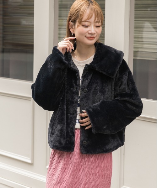 自由区エコファージャケット美品 UNFILO エコファー クロップドジャケット （エクリュ） -靴