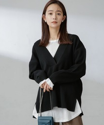 洗濯機洗可　Vネックサイドスリットオーバーニット