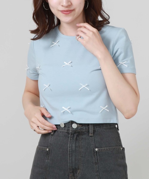 archives（アルシーヴ）の「リボンコンパクトＴシャツ（Tシャツ/カットソー・レディース・ブルー/オフホワイト/ブラック・MEDIUM）」の12枚目の写真