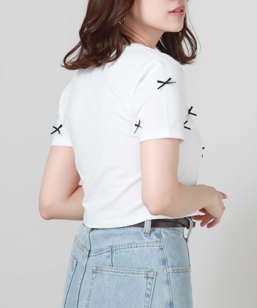 archives（アルシーヴ）の「リボンコンパクトＴシャツ（Tシャツ/カットソー・レディース・ブルー/オフホワイト/ブラック・MEDIUM）」の7枚目の写真