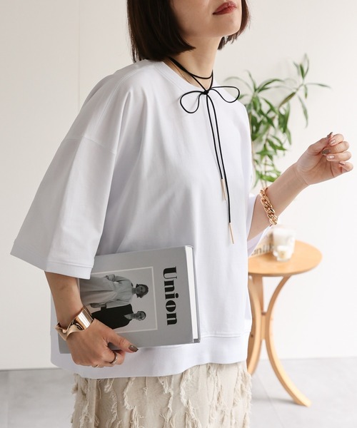 ap retro(アプレトロ)の「【USAコットン】ミニ裏毛半袖トレーナー / 半袖プルオーバー(Tシャツ/カットソー・レディース・ホワイト/ネイビー×ホワイト/グレー/ブラック・FREE)」の1枚目の写真