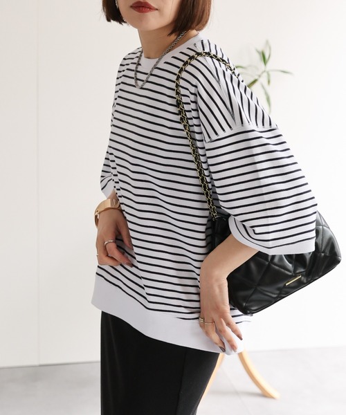 ap retro(アプレトロ)の「【USAコットン】ミニ裏毛半袖トレーナー / 半袖プルオーバー(Tシャツ/カットソー・レディース・ホワイト/ネイビー×ホワイト/グレー/ブラック・FREE)」の4枚目の写真