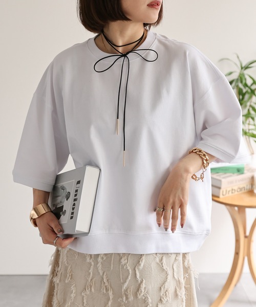 ap retro(アプレトロ)の「【USAコットン】ミニ裏毛半袖トレーナー / 半袖プルオーバー(Tシャツ/カットソー・レディース・ホワイト/ネイビー×ホワイト/グレー/ブラック・FREE)」の7枚目の写真