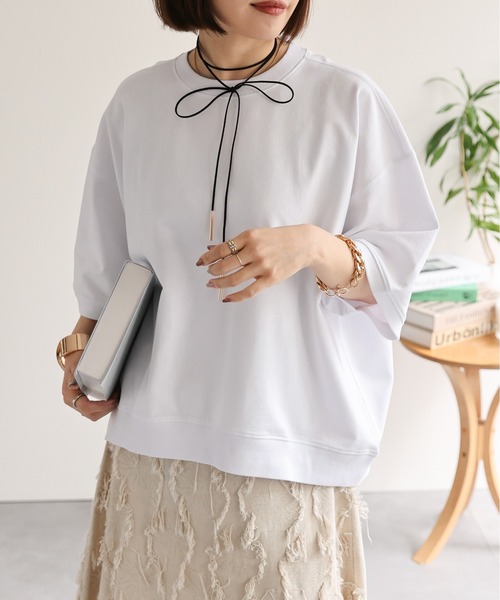 ap retro(アプレトロ)の「【USAコットン】ミニ裏毛半袖トレーナー / 半袖プルオーバー(Tシャツ/カットソー・レディース・ホワイト/ネイビー×ホワイト/グレー/ブラック・FREE)」の8枚目の写真