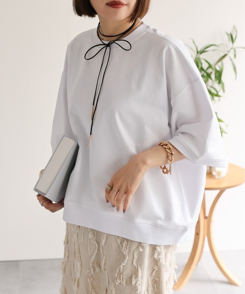 ap retro(アプレトロ)の「【USAコットン】ミニ裏毛半袖トレーナー / 半袖プルオーバー(Tシャツ/カットソー・レディース・ホワイト/ネイビー×ホワイト/グレー/ブラック・FREE)」の9枚目の写真
