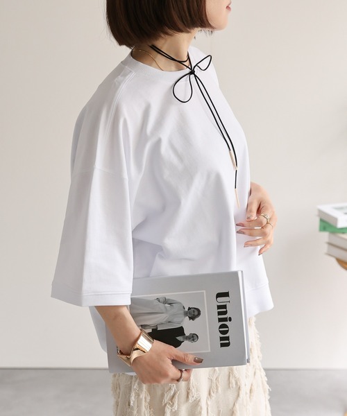 ap retro(アプレトロ)の「【USAコットン】ミニ裏毛半袖トレーナー / 半袖プルオーバー(Tシャツ/カットソー・レディース・ホワイト/ネイビー×ホワイト/グレー/ブラック・FREE)」の11枚目の写真