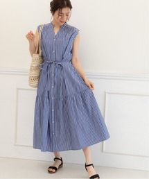 キーネック ストライプ ティアードワンピース