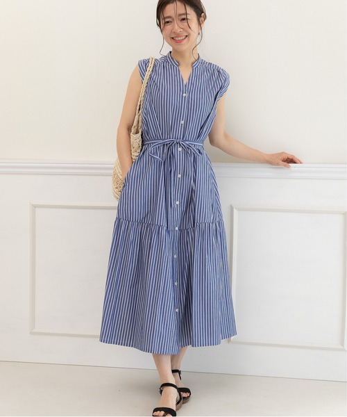【セール】キーネック ストライプ ティアードワンピース（ワンピース）｜PREFERIR（プレフェリール）
