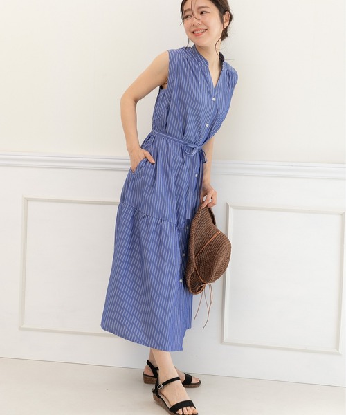 【セール】キーネック ストライプ ティアードワンピース（ワンピース）｜PREFERIR（プレフェリール）