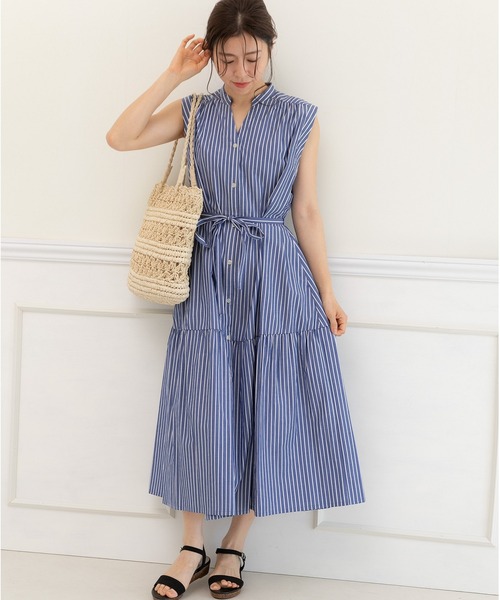 【セール】キーネック ストライプ ティアードワンピース（ワンピース）｜PREFERIR（プレフェリール）
