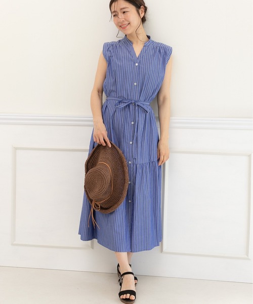 【セール】キーネック ストライプ ティアードワンピース（ワンピース）｜PREFERIR（プレフェリール）