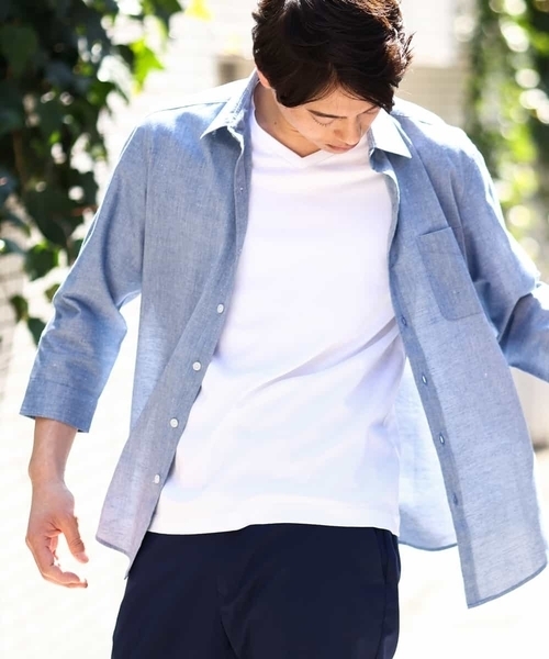 a.v.v（アーヴェヴェ）の「【定番アイテム】リネン混シャツ 7分袖（さらリネシリーズ）（シャツ/ブラウス・メンズ・ミント/ブルー/オレンジ/ライラック・44/46/48/50/52）」の2枚目の写真