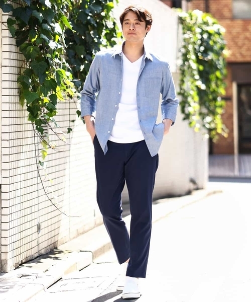 a.v.v（アーヴェヴェ）の「【定番アイテム】リネン混シャツ 7分袖（さらリネシリーズ）（シャツ/ブラウス・メンズ・ミント/ブルー/オレンジ/ライラック・44/46/48/50/52）」の5枚目の写真