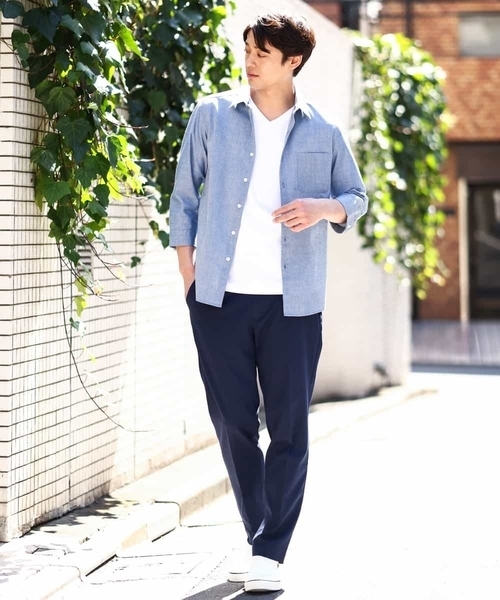 a.v.v（アーヴェヴェ）の「【定番アイテム】リネン混シャツ 7分袖（さらリネシリーズ）（シャツ/ブラウス・メンズ・ミント/ブルー/オレンジ/ライラック・44/46/48/50/52）」の6枚目の写真