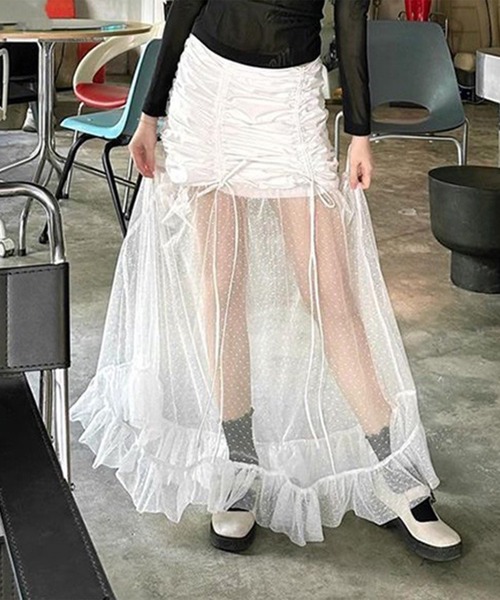 leune(ルネ)の「ドットチュール切り替えシャーリングリボンスカート(スカート・レディース・オフホワイト・FREE)」の3枚目の写真