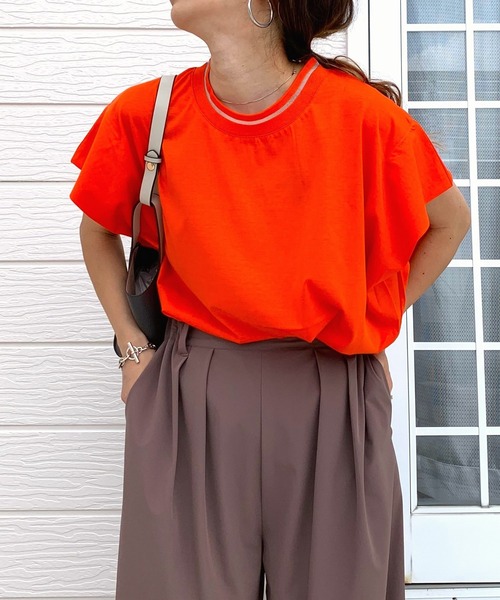 Q(キュー)の「襟ラインシンプルT(Tシャツ/カットソー・レディース・ブラック/ホワイト/オレンジ・MEDIUM)」の10枚目の写真