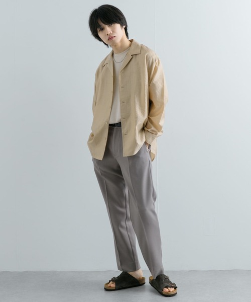 シアーストライプオープンカラーシャツ TALK グリーン／ブラウン ストライプ オープンカラー 長袖シャツ L 70s