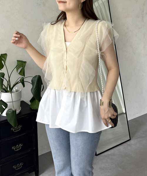 prose verse（プロズヴェール）の「【裾取り外し可能】2wayチュールドッキングペプラムカーディガン（カーディガン/ボレロ・レディース・ベージュ/ブラック・LARGE/MEDIUM）」の2枚目の写真