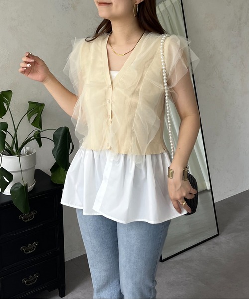 prose verse（プロズヴェール）の「【裾取り外し可能】2wayチュールドッキングペプラムカーディガン（カーディガン/ボレロ・レディース・ベージュ/ブラック・LARGE/MEDIUM）」の6枚目の写真