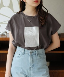 シルバー箔プリントフレンチスリーブTシャツ