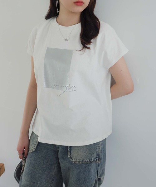 Doula Doula（ドゥーラドゥーラ）の「シルバー箔プリントフレンチスリーブTシャツ（Tシャツ/カットソー・レディース・ホワイト/チャコール・FREE）」の18枚目の写真