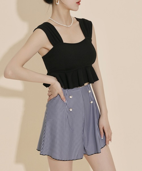レディース水着 ギンガムチェックリブビスチェビキニ+ショートパンツ