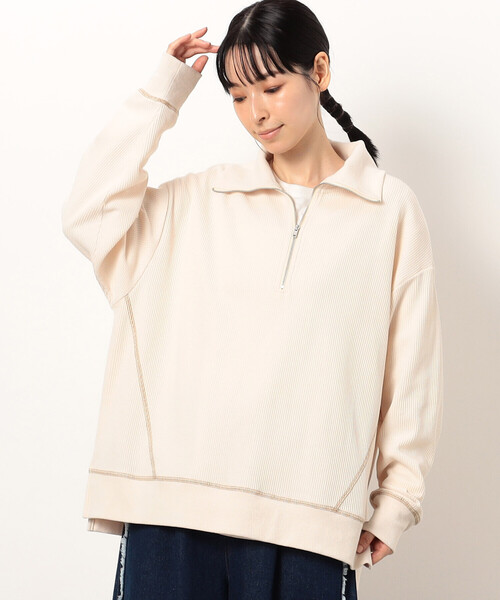 ONIGIRI（オニギリ）の「ワッフル　ハーフジップ　プルオーバー（Tシャツ/カットソー・レディース・アイボリー/チャコール/マスタード・FREE）」の2枚目の写真