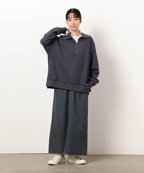 ONIGIRI（オニギリ）の「ワッフル　ハーフジップ　プルオーバー（Tシャツ/カットソー・レディース・アイボリー/チャコール/マスタード・FREE）」の13枚目の写真