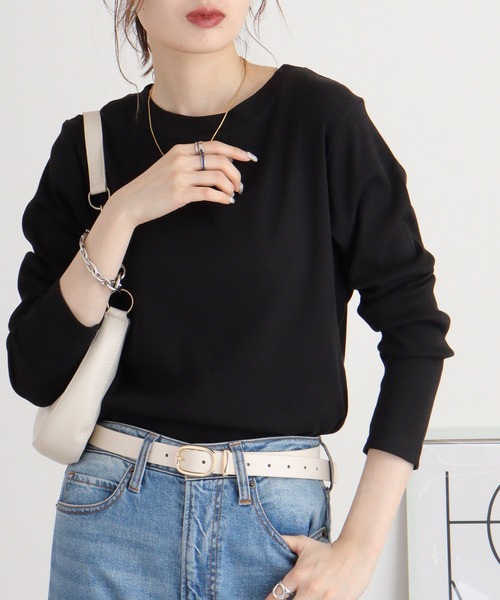 atONE(アットワン)の「リブクルーネック長袖Tシャツ(Tシャツ/カットソー・レディース・ベージュ/オフホワイト/ブラック・M/L/LL/3L/4L)」の20枚目の写真