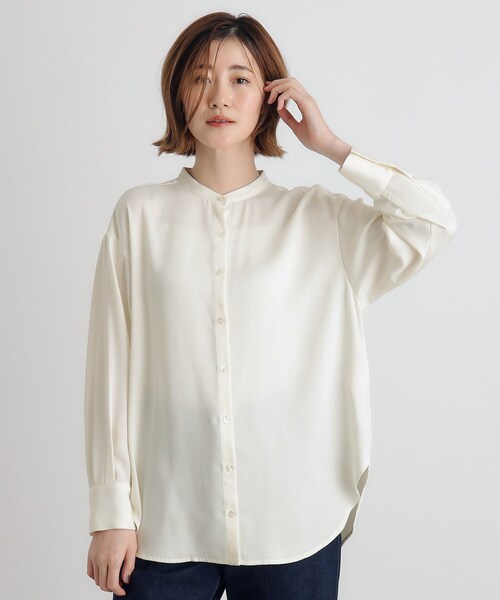 イエナ／美品とろみマット×前開きバンドカラーシャツブラウス クリームホワイト IENA - イエナ／美品とろみマット×前開きバンドカラーシャツブラウス