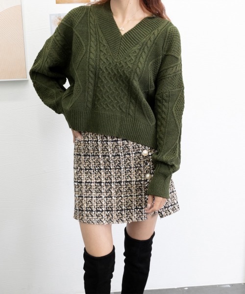Miniministore（ミニミニストア）の「ケーブル編みニットトップス バックリボン（ニット/セーター・レディース・ブラック/アイボリー/カーキ・FREE）」の5枚目の写真