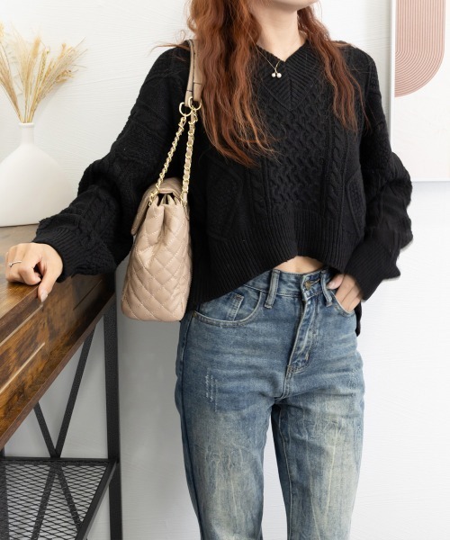 Miniministore（ミニミニストア）の「ケーブル編みニットトップス バックリボン（ニット/セーター・レディース・ブラック/アイボリー/カーキ・FREE）」の9枚目の写真