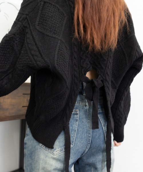 Miniministore（ミニミニストア）の「ケーブル編みニットトップス バックリボン（ニット/セーター・レディース・ブラック/アイボリー/カーキ・FREE）」の12枚目の写真