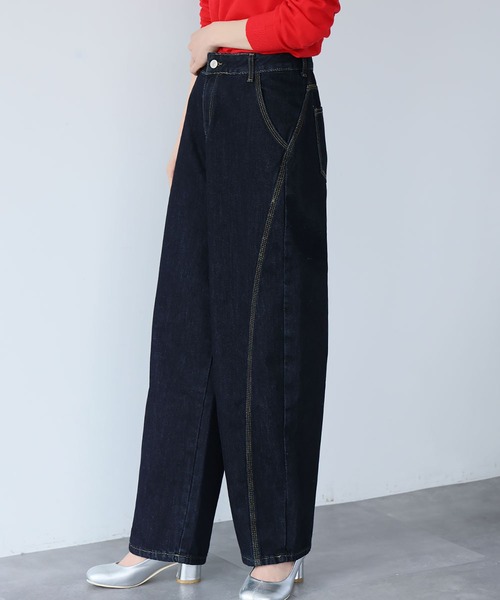 LOWO(ロワ)の「ステッチラインハイウエストワイドデニムパンツ(デニムパンツ・レディース・インディゴブルー・L/M/S)」の2枚目の写真