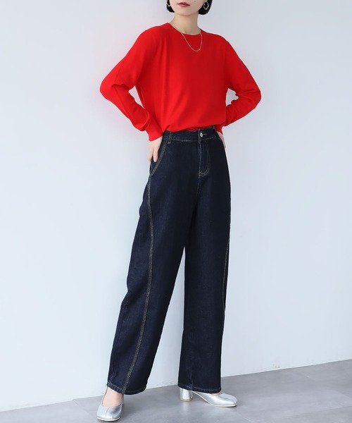LOWO(ロワ)の「ステッチラインハイウエストワイドデニムパンツ(デニムパンツ・レディース・インディゴブルー・L/M/S)」の4枚目の写真