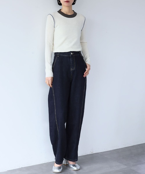 LOWO(ロワ)の「ステッチラインハイウエストワイドデニムパンツ(デニムパンツ・レディース・インディゴブルー・L/M/S)」の6枚目の写真